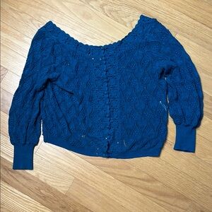 Sezane Peacock Blue Cable-Knit Cardigan with Boat Neckline